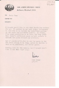 [Carta] 1971 Apr. 13, The Johns Hopkins Press, Baltimore, Maryland 21218, [EE.UU.] [a] Doris Dana