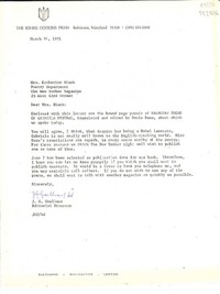 [Carta] 1971 Mar. 24, The Johns Hopkins Press, Baltimore, Maryland 21218, [EE.UU.] [a] Mrs. Katherine Black, Poetry Department, The New Yorker Magazine 25 West 43rd Street, [EE.UU.]