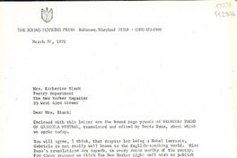 [Carta] 1971 Mar. 24, The Johns Hopkins Press, Baltimore, Maryland 21218, [EE.UU.] [a] Mrs. Katherine Black, Poetry Department, The New Yorker Magazine 25 West 43rd Street, [EE.UU.]