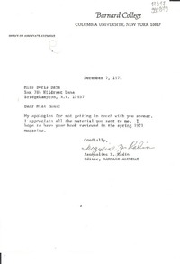 [Carta] 1971 Dec. 7, Columbia University, New York, [Estados Unidos] [a] Miss Doris Dana, Box 784 Hildreth Lane, Bridgehampton, N. Y.