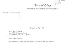 [Carta] 1971 Dec. 7, Columbia University, New York, [Estados Unidos] [a] Miss Doris Dana, Box 784 Hildreth Lane, Bridgehampton, N. Y.