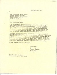 [Carta] 1971 Sept. 27, New York, [Estados Unidos] [a] Mrs. Jacqueline Radin, New York