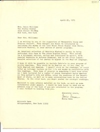 [Carta] 1971 Apr. 25, New York, [Estados Unidos] [a] Mrs. Galen Williams, The Poetry Center, New York