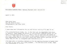 [Carta] 1971 Apr. 5, Baltimore, Maryland, [Estados Unidos] [a] Miss Doris Dana, Box 784 Hildreth Lane, Bridgehampton, New York