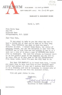 [Carta] 1974 Apri. 5, Atheneum publishers 122 East 42 Street, New York City 10017, [EE.UU.] [a] Miss Doris Dana, Box 784, Hildreth Lane, Bridgehampton, N. Y. 11932, [EE.UU.]