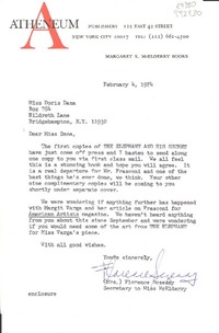 [Carta] 1974 Feb. 4, Atheneum publishers 122 East 42 Street, New York City 10017, [EE.UU.] [a] Miss Doris Dana, Box 784, Hildreth Lane, Bridgehampton, N. Y. 11932, [EE.UU.]