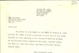 [Carta] 1954 Aug. 20, Roslyn Harbor, Long Island, New York, [Estados Unidos] [a] Sub Contador, National City Bank, Río de Janeiro, Brazil