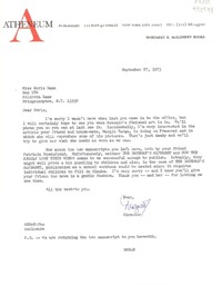 [Carta] 1973 Sept. 27, Atheneum publishers 122 East 42 Street, New York City 10017, [EE.UU.] [a] Miss Doris Dana, Box 784, Hildreth Lane, Bridgehampton, N. Y. 11932, [EE.UU.]