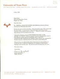 [Carta] 1998 May 4, University of Texas Press, Austin, Texas 78713 - 7819, [EE.UU.] [a] Miss Doris Dana, 600 Gulf Shore Blvd. North, Naples, FL 34102, [EE.UU.]