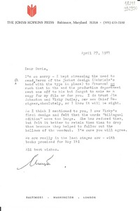 [Carta] 1971 Apr. 27, [Baltimore, Maryland, Estados Unidos] [a] Dear Doris