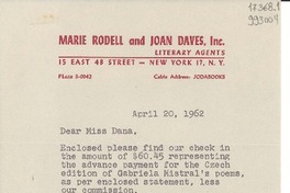 [Carta] 1962 Apr. 20, [New York, Estados Unidos] [a] Miss Doris Dana