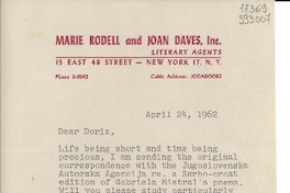 [Carta] 1962 Apr. 24, [New York, Estados Unidos] [a] Miss Doris Dana