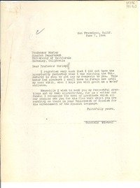 [Carta] 1946 June 8, San Francisco, Calif., [Estados Unidos] [a] Professor Morley, Spanish Department, University of California, Berkeley, California