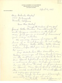[Carta] 1947 Apr. 14, Los Angeles, California, [Estados Unidos] [a] Miss Gabriela Mistral, Duarte, California