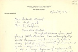 [Carta] 1947 Apr. 14, Los Angeles, California, [Estados Unidos] [a] Miss Gabriela Mistral, Duarte, California
