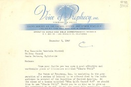 [Carta] 1947 Dec. 3, Los Angeles, California, [Estados Unidos] [a] The Honorable Gabriela Mistral, Chilean Consul, Santa Barbara, California