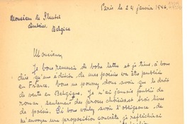 [Carta] 1946 janv. 24, Paris, [France] [a] Monsieur de Sleutel, Ambers, Belgica