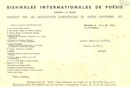 [Carta] 1952 août 26, Bruxelles, [Belgique] [a] Madame Gabriela Mistral, Consul du Chili, Naples, [Italie]