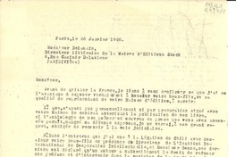 [Carta] 1946 janv. 26, Paris, [France] [a] Monsieur Delamain, Dirécteur littéraire de la Maison d'Editions Stock 6, Rue Casimir Delavigne, Paris (VIème), [France]