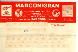 [Telegrama] 1945 dic. 12, Stockholm, [Suecia] [a] Consul de Chile, Montreal