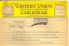 [Telegrama] Roslyn Harbor, Long Island, [Estados Unidos] [a] Ernest Hemingway, Habana, Cuba