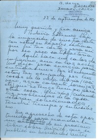[Carta] 1951 sept. 22, Zamalek, El Cairo, [Egipto] [a] Muy querida y fina amiga