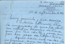 [Carta] 1951 sept. 22, Zamalek, El Cairo, [Egipto] [a] Muy querida y fina amiga
