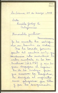 [Carta] 1947 mar. 29, La Serena, [Chile] [a] Srta. Lucila Godoy A., California