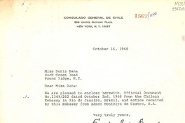 [Carta] 1968 Oct. 16, New York [a] Miss Doris Dana, Hack Green Road, Pound Ridge, N. Y.