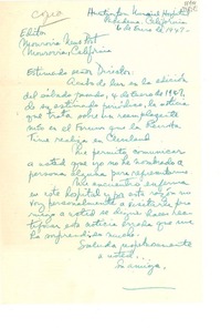 [Carta] 1947 ene. 6, Pasadena, California [al] Editor de Monrovia News Post, Monrovia, California