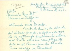 [Carta] 1947 ene. 6, Pasadena, California [al] Editor de Monrovia News Post, Monrovia, California