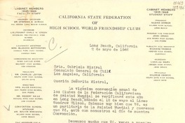 [Carta] 1946 mayo 2, Long Beach, California [a] Srta. Gabriela Mistral, Consulado General de Chile, Los Angeles, California