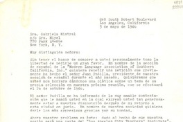 [Carta] 1946 mayo 3, Los Angeles, California [a] Gabriela Mistral, New York