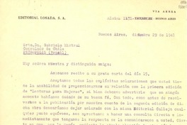 [Carta] 1941 dic. 29, Buenos Aires, [Argentina] [a] Gabriela Mistral, Petrópolis, Brasil