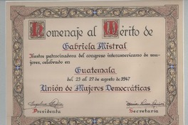 [Diploma] 1947 ago. 27, Guatemala [a] Gabriela Mistral