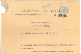 [Telegrama] 1954 oct. 8, Santiago, Chile [a] Doris Dana, Vapor Santa Isabel