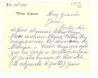 [Tarjeta] 1960 oct. 24, Santiago, Chile [a] Doris Dana