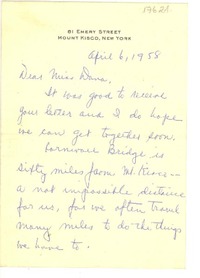 [Carta] 1958 apr. 6, New York [a] Doris Dana, Long Island, New York
