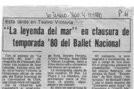 "La Leyenda del Mar" en clausura de temporada ´80 del Ballet Nacional Esta tarde en Teatro Victoria