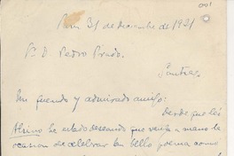 [Carta] 1921 diciembre 31, Paris, Francia [a] Pedro Prado, Santiago, Chile