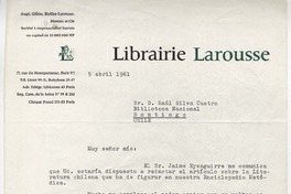 [Carta] 1961 abr. 5, París, Francia [a] Raúl Silva Castro