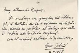 [Tarjeta] 1967 octubre, Santiago, Chile [a] Roque Esteban Scarpa