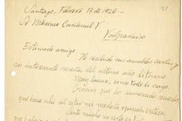 [Carta] 1926 febrero 13, Santiago, Chile [a] Máximo Cardemil