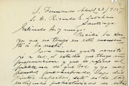 [Carta] 1915 abril 23, San Fernando, Chile [a] Ricardo Latcham.