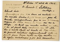 [Tarjeta] 1909 abril 15, Buenos Aires, Argentina [a] Ricardo E. Latcham.