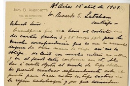[Tarjeta] 1909 abril 15, Buenos Aires, Argentina [a] Ricardo E. Latcham.