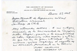 [Carta] 1968 enero 27, Michigan [a] Biblioteca Nacional de Chile