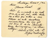 [Tarjeta] 1910 enero 11, Santiago, Chile [a] Ramón Laval