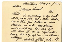 [Tarjeta] 1910 enero 11, Santiago, Chile [a] Ramón Laval