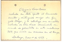 [Tarjeta] 1959 ene. 10, Santiago, Chile [a] Gonzalo Drago